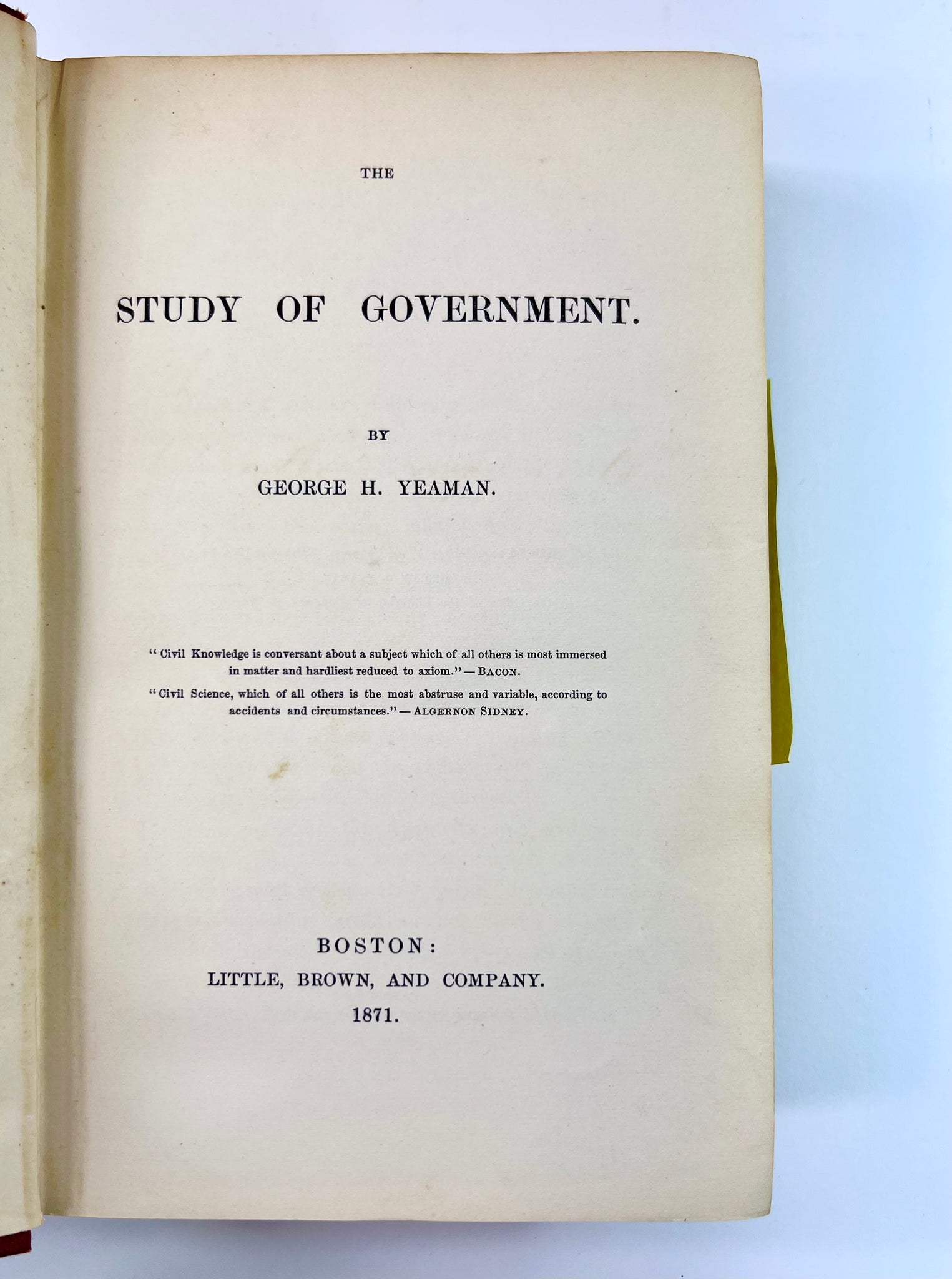 YEAMAN, George H. The Study of Government.