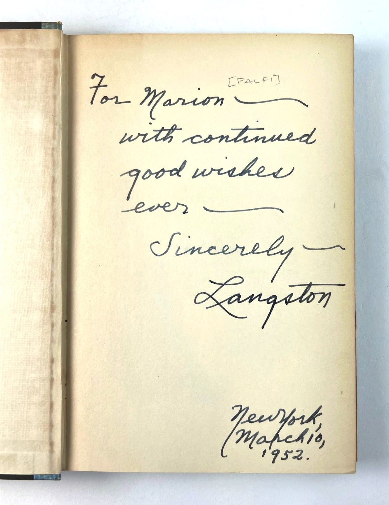 Inscribed by Langston Hughes to Documentary Photographer Marion Palfi